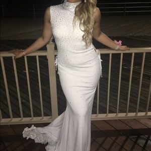 White Swarovski studded Jovani prom dress
